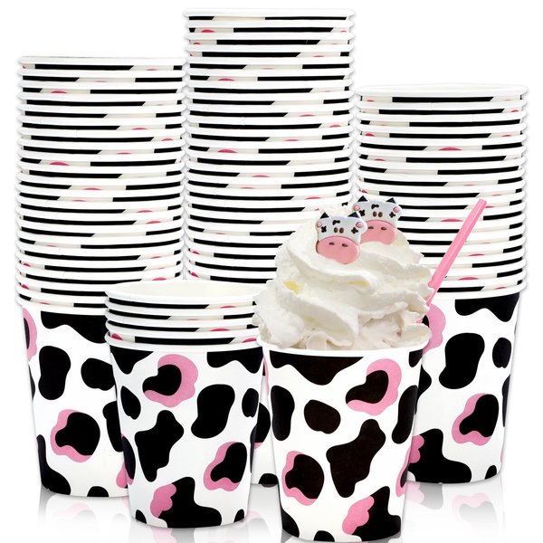 Whaline 50 Pcs Cow Print Disposable Paper Cups 9 oz Western Cowgirl Coffee Tea Cups Pink Black Cow Beverage Drinking Cups Disposable Small Snack Cups for Cow Theme Farm Animal Party Supplies