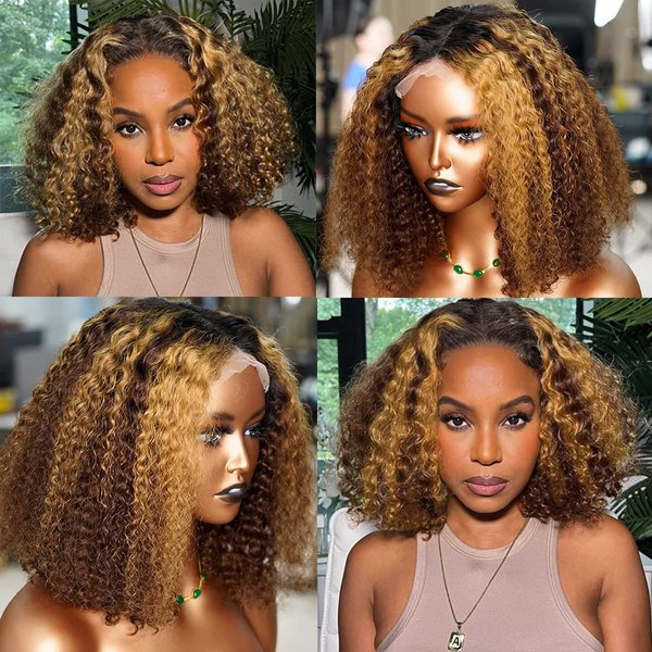 AliPearl Wig Highlight Curly Bob Lace Front Wigs Human Hair Pre Plucked with Bayby Hair 4x4 Lace Closure Bob Wigs for Black Women Human Hair Brazilian Virgin Glueless Colored Bob Lace Frontal Closure Wigs Ali Pearl Hair (10 Inch)