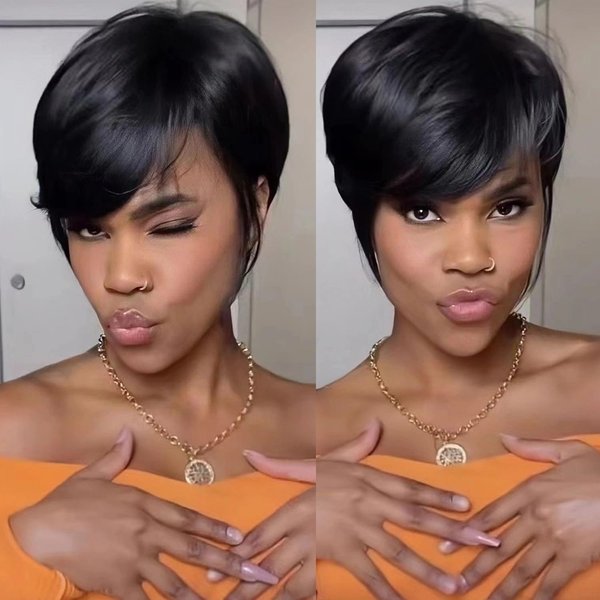 MELANNA Pixie Cut Wig Human Hair Short Straight Pixie Wig with Side Bangs Short Human Hair Wigs for Black Women Natural Black Short Wigs Human Hair Glueless Short Pixie Wigs