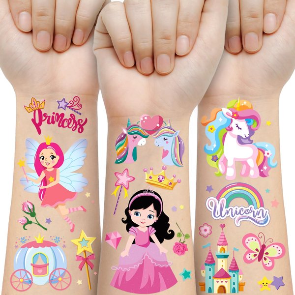 Unicorn Princess Temporary Tattoo for Kids, 270+ Pcs Rainbow Crown Fake Tattoos for Girls’ Party Supplies Kids' Birthday Favor, 36 Sheets Waterproof Tattoo Stickers for 5 6 7 8 9 Years Old Girls