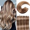 VINBAO Tape In Hair Extensions Human Hair Color Dark Brown #4 Highlights #27 Caramel Blonde Tape In Hair Extensions Real Human Hair Extensions Tape In Silky Straight 20pcs/50g(18inch, #4P27)