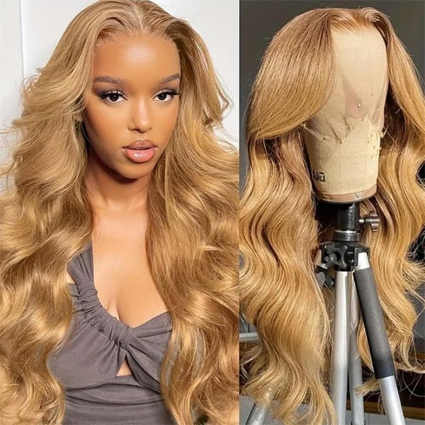 SOSATISFY Body Wave Honey Blonde Wig Human Hair 13x4 Honey Blonde HD Lace Front Wig Human Hair 200% Density 27# Colored Human Hair Wigs Pre Plucked with Baby Hair (20 inch)