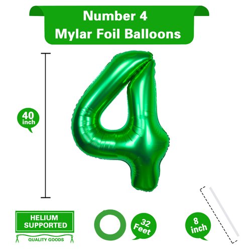 40 Inch Giant Green Number 4 Balloon, Helium Mylar Foil Number Balloons for Birthday Party, 4th Birthday Decorations for Kids, Anniversary Party Decorations Supplies (Green Number 4)