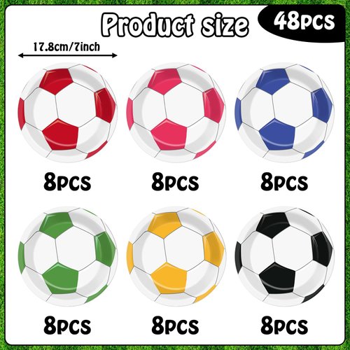 48Pcs 7" Soccer Themed Party Paper Plates Sport Dessert Party Supplies Colorful Football Party Dinner Decorations Soccer Ball Disposable Dinnerware Plates for Birthday Baby Shower Party Favors