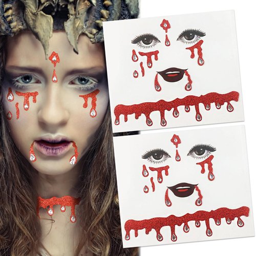 Vampire Face Jewels Stickers Halloween Vampire Costume Cosplay Face Decoration Vampire Accessories Vampire Scary Blood Face Stickers Halloween Costumes for Adult Kids-2Packs