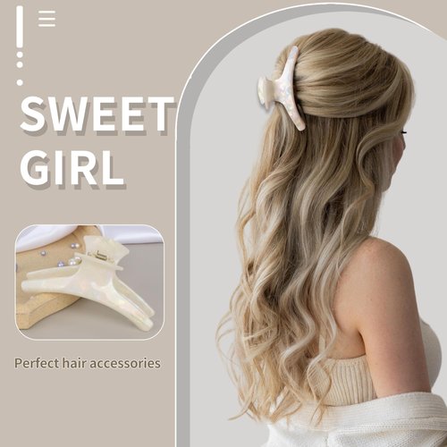 Big Hair Claw Clips for Women Acetate Hair Claws for Long Thin Thick Hair Banana Metal Hair Barrette 4.5"Strong Hold Jaw Claw Clips for Girls Nonslip French Style Hair Accessories (pearl white)
