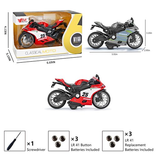 MING YING 66 Pull Back Motorcycle Model - 1:12 Scale Toy Motorcycle,Motorcycle Toy with Light and Music Gift for Children Boys and Girls (Silver)