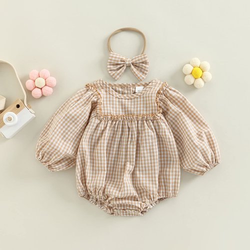 Douhoow Infant Baby Girl Plaid Romper Baby Sweatshirt Romper Ruffle Festival Clothes Fall Winter Outfits with Headband (Khaki plaid, 6-12 Months)