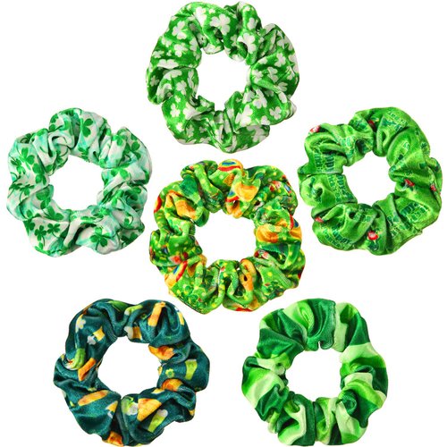 6 Pieces St Patrick's Day Scrunchies Hair Accessories Shamrock Velvet Scrunchy Hair Ties Ropes Elastic Hair Bands Ponytail Holders Party Favors Irish Green Gifts for Women Girls Supplies