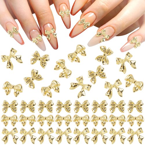 HINZIC 90Pcs Gold Bow Nail Charm 3 Styles Bowknot Nail Bows Glitter Acrylic Pearls Kawaii Valentines Wedding Prom Decoration for Women Girls Mobile Phone Scrapbook Envelope Hair Clips Cards Making