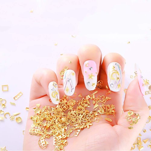 WOKOTO 6 Boxes Gold Metal Nail Studs Rose Star Moon Feather Nail Charm Kit 3D Nail Art Jewelry Decoration With 1Pc Tweezers And Picker Pencil