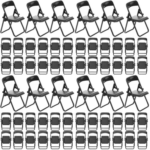 Gadpiparty 48 Pieces Mini Chair 1/6 Scale Folding Chairs Mini House Decor Plastic Miniature Simulation Chair Dollhouse Furniture Model Desk Toy (Black)