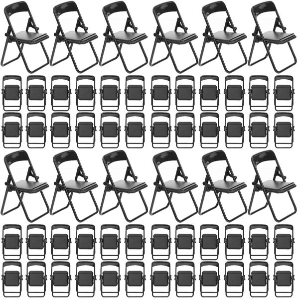 Gadpiparty 48 Pieces Mini Chair 1/6 Scale Folding Chairs Mini House Decor Plastic Miniature Simulation Chair Dollhouse Furniture Model Desk Toy (Black)