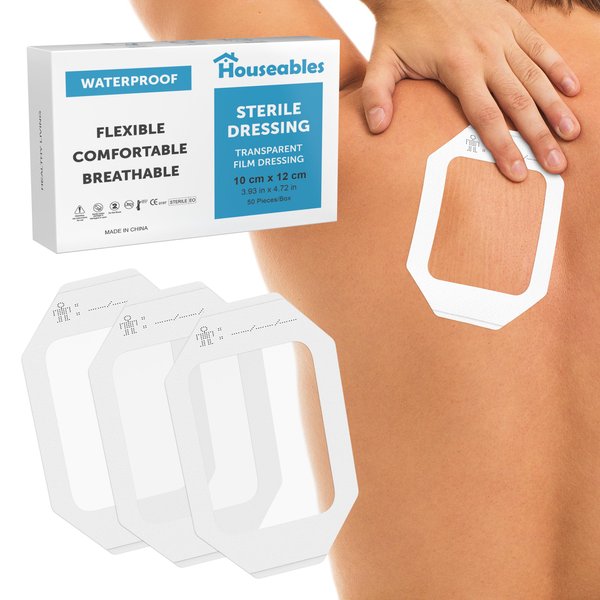 Houseables Waterproof Bandages, Transparent Film Dressing, Waterproof Bandages Post Surgical, 4x4 3/4, Waterproof Wound Cover, Surgical Bandage, Waterproof Dressing for Wounds, Showering, Clear, 50 PK