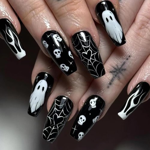 Halloween Nails Press on Nails Long Coffin Nails 24pcs Gothic Ghost Spider Web Skull Halloween Fake Nails with Glue Stick on Nails for Women and Girls Halloween Nails Decoration