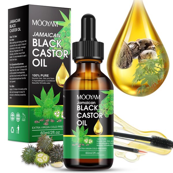 Jamaican Black Castor 100% Pure and Natural Castor Oil Organic Cold Pressed Unrefined Glass Bottle, Castor Oil for Face Hair Growth Eyelashes Eyebrow Growth Serum Hair Treatment Oils Castor oul 2FLOZ