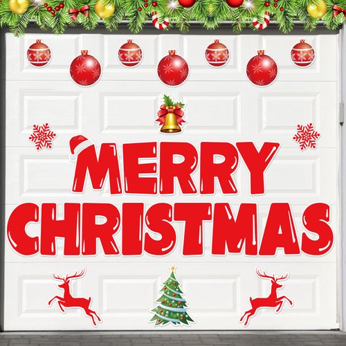 Merry Christmas Garage Door Magnets Decoration, 27 Pcs Christmas Decor Garage Door Magnetic Banner with Ornament, Refrigerator Magnets Car Decal Stickers for Xmas Holiday DIY Decor, 8" H Large