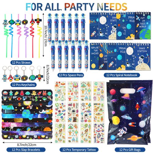 LiYiQ 87 Pcs Space Party Favors with Space Spiral Notebooks 10 in 1 Pen Reusable Straws Slap Bracelets Keychains Space Temporary Tattoo Stickers and Gift Bags for Kids Space Birthday Party Supplies