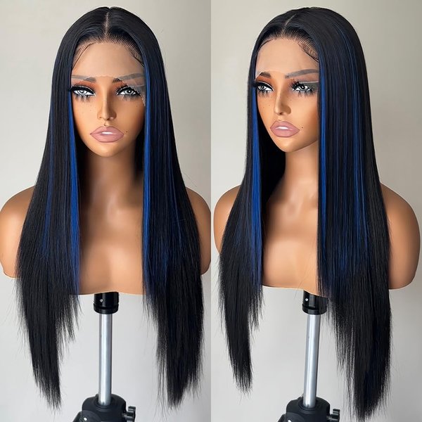 FABÉLLE Blue Highlight Wig Synthetic Lace Front Wigs Glueless Wig Long Straight Wigs for Women Pre Plucked with Baby Hair 26 Inch Midnight Blue Color Forehead Synthetic Lace Front Wig