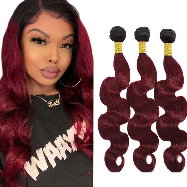 Ombre Bundles 1B99J Body Wave Bundles Burgundy Human Hair 1B99J Bundles 24 26 28 Inch Two Tone Black and Red Wine Remy Hair Extension for Women 3 Bundles 100g/Pc