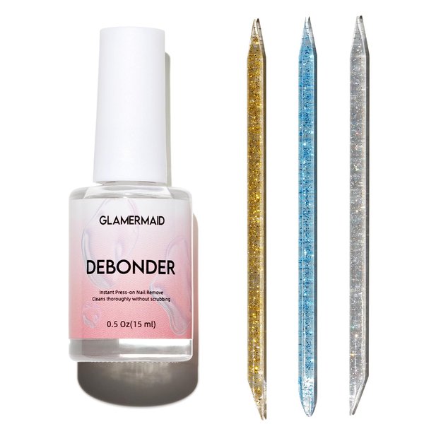 GLAMERMAID Nail Glue Remover Set 15ML Remover Glue off for Press on Nails and 3 Acrylic Sticks, Nail Glue Debonder Easy to Remove Quick Acrylic False Nails Tips,Not for Gel Nail Polish