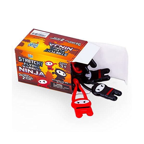 PICK A TOY Stretchy Flying Ninjas [24-Pieces] | Elastic Slingshot Ninja Toys for Boys & Girls | Great Birthday Party Favors Idea | Red & Black Colors | Eco-Friendly, BPA-Free Materials