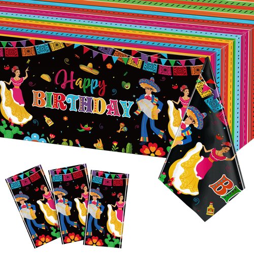 WovWeave 3 Pcs Mexican Fiesta Tablecloth Happy Birthday Fiesta Disposable Table Cover Plastic Cinco De Mayo Tablecover for Mexican Taco Night Birthday Party Decorations Supplies, 54 x 108 Inch