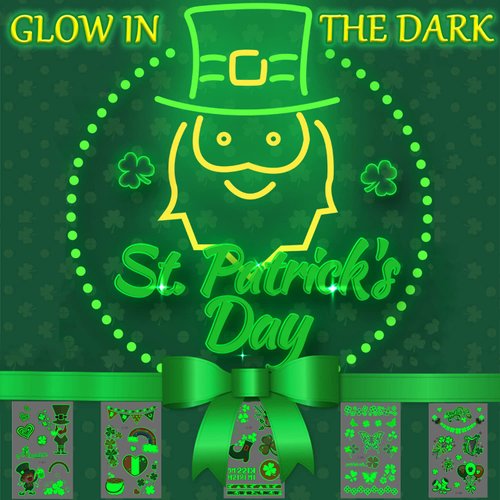 10 Sheets St. Patrick’s Day Temporary Tattoos,Lucky Shamrock Leprechaun Glow in The Dark Tattoos Green Clover Irish Designs Paint Art Luminous Tattoo Stickers for Kids and Women Parade Party Supplies