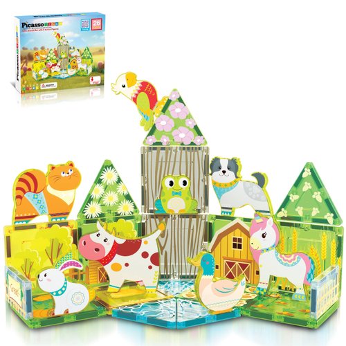PicassoTiles Magnet Tile Building Blocks Printed Fall Farm Themed Animal Toy Set with 8 Farmyard Animals Character Action Figures Magnetic Tiles STEM Learning Fun Playset for Toddlers, Ages 3+