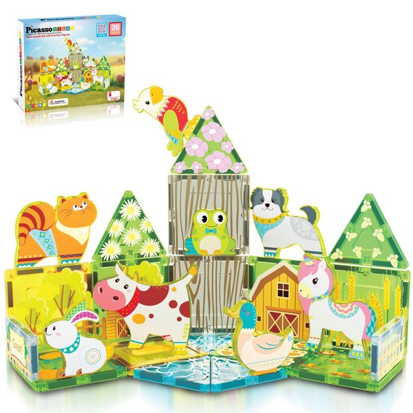 PicassoTiles Magnet Tile Building Blocks Printed Fall Farm Themed Animal Toy Set with 8 Farmyard Animals Character Action Figures Magnetic Tiles STEM Learning Fun Playset for Toddlers, Ages 3+