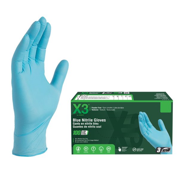 X3 Blue Nitrile Disposable Industrial Gloves, 3 Mil, Latex/Powder-Free, Food-Safe, Non-Sterile, Textured, Small, Box of 100