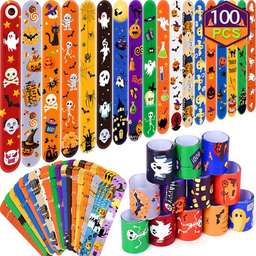 Halloween Slap Bracelets for Kids, 100 Halloween Bracelet Toys Bulk For Kids Girls Boys, Trick or Treat Party Favors, Classroom Prizes, Exchanging Gifts, Halloween Party Gift Treat Bag Filler Supply