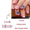 4th of July Press on Nails French Fake Nails Short Square False Nails Red Blue White Acrylic Nails with USA Flag & Red Glitter Design Stick on Nails for Women Girls 4th of July Parade Manicure