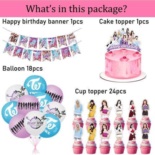 Twice Merch Party Decorations Include Happy Birthday Banners, Cake Toppers, Cupcake Toppers, Balloons