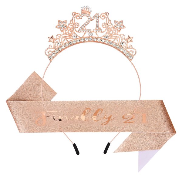 Amariver 21st Birthday Headband Finally 21 Birthday Sash 21st Birthday Crown 21st Rhinestones　Birthday Decoration Rose Gold Birthday Tiara 21st Birthday Gift Party Favors