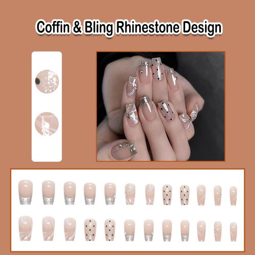 ANDGING Coffin Press on Nails Short Medium Silver French Tip Fake Nails Glue on Nails with Bling Rhinestone Design Acrylic False Nails for Wedding Gel Women Manicure Stick on Nail with Glue ADY88R