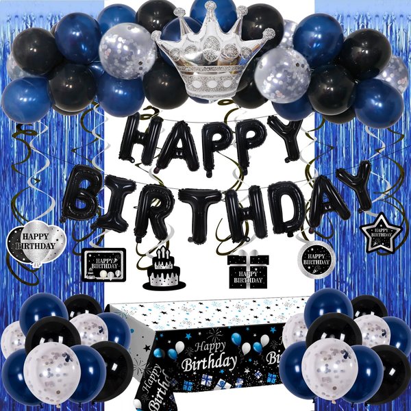 Blue Black Birthday Decorations for Men Boys, 71PCS Birthday Party Decorations for Women, Happy Birthday Banner Balloons Tablecloth Foil Fringe Curtains Hanging Swirls Bday Decor Supplies for Him