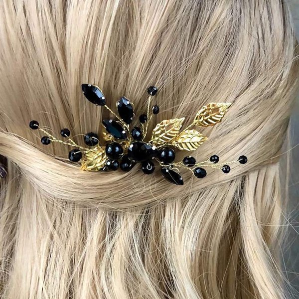 Aimimier Bridal Black Crystal Hair Comb Gold Leaf Headpiece Wedding Hair Accessories for Women and Girls (Black)