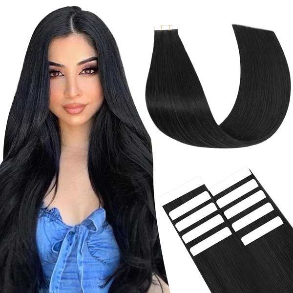 SEGO Pro 10pcs Tape in Hair Extensions Human Hair Long Straight Tape in Hair Extensions Real Human Hair Seamless Invisible Tape in Hair Extensions,12inch #1 Natural Black,15g/pack