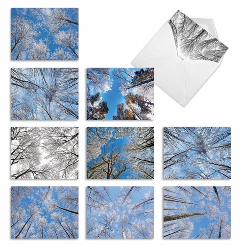 10 Assorted 'Snow Tops' Season's Greetings Cards with Envelopes Small 4 x 5.12 inch, Holiday Note Cards with Snow-Covered Branches and Tree Tops, Stationery Set for Holidays, Winter, Parties M9632XSG