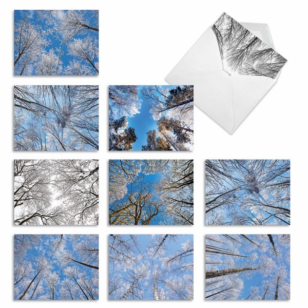 10 Assorted 'Snow Tops' Season's Greetings Cards with Envelopes Small 4 x 5.12 inch, Holiday Note Cards with Snow-Covered Branches and Tree Tops, Stationery Set for Holidays, Winter, Parties M9632XSG