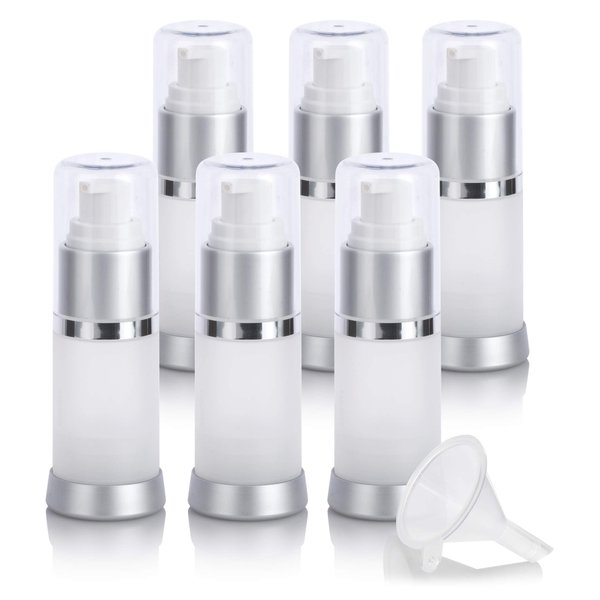 JUVITUS 15 ml / 0.50 oz Empty Frosted Airless Acrylic Foundation Bottle with Clear Cap + Funnel (6 PACK)