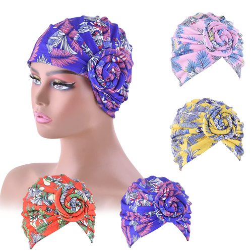 WKJHO 4 Pieces Womens Turban Hat Head Wraps for Women Twist Knot Pre-Tied Bonnet Turbans for Women Unique Leaf Pattern Beanie Cap Hats