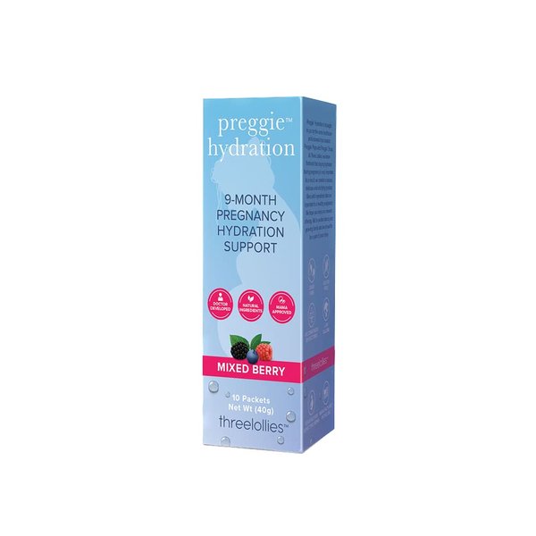 Three Lollies Preggie Hydration Sticks – Doctor Developed Electrolyte Packets to Replenish Fluid during Pregnancy, Restore Electrolytes - Unique Formulation of Vitamins & Minerals –Mixed Berry,10-Pack