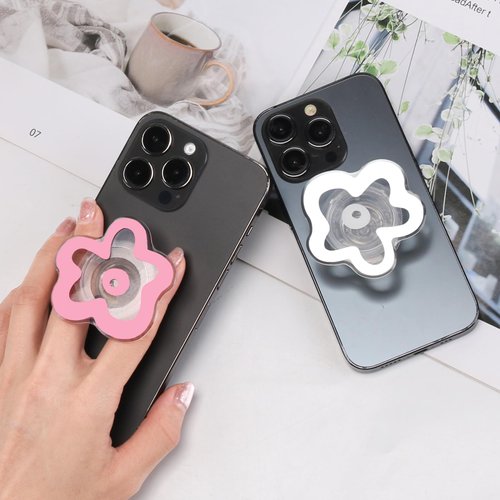 LOLLWIDY Clear Phone Grip with Expanding Kickstand, Cute Flower Design Collapsible Cell Phone Stand Holder Compatible with Kindle, Smartphone Tablet Cell Phone Accessory (Adhesive Type, White)