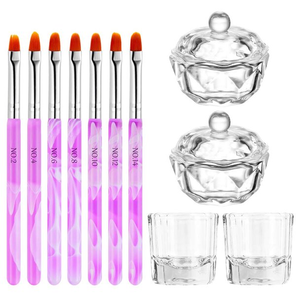 DKAF 11Pcs Nail Art Tools, 4 Nail Art Acrylic Glass Bowl Dappen Dishes Cup and 7 Acrylic Nail Brush, Crystal Cup UV Gel DIY Brush Set for Acrylic Liquid Powder Styling Tool