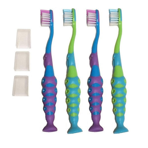 4-Pack of Kids Childrens Toddler Boys Blue Purple Green Extra Soft Bristle Easy Grip BPA Free Toothbrush Set w/Suction Base w/Travel Dust Covers