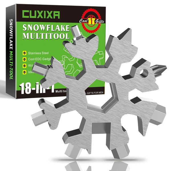 CUXIXA Stocking Stuffers for Men, 18 in 1 Snowflake Multi Tool, Stainless Steel Snowflake Multitool, Cool Gadgets for Outdoor Travel Camping Daily Silver