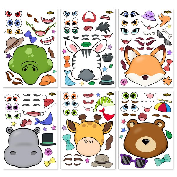 PartyNow Animal Stickers | 24-Pack Make Your Own Stickers for Kids | Make a Face Sticker Sheets with Safari Animals | Mix and Match Kids Stickers | Fun Party Favors for Kids | Safari (Jungle Animals)
