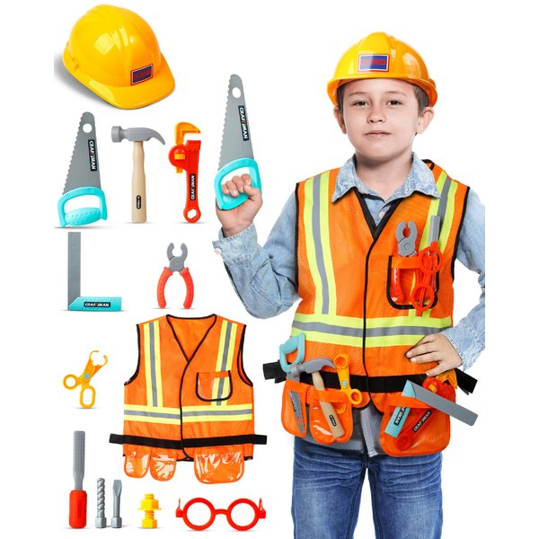 Cosmic Chameleon Kids Construction Toys- 13Pcs Pretend Play Toys Set with Kids Construction Hat, Vest & More- Kids Tool Set for Boys & Girls- Halloween Kids Construction Worker Costume, Birthday Gift